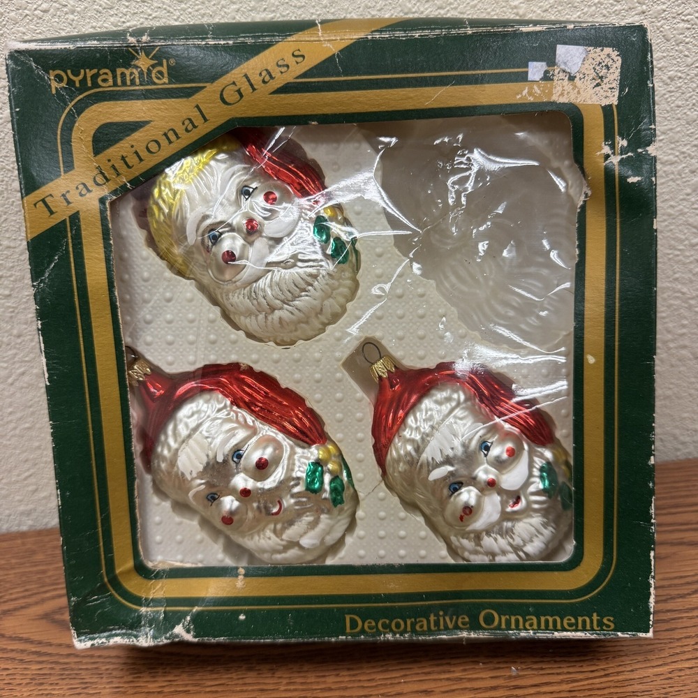 Vintage Pyramid Traditional Glass Santa Head Christmas Tree Ornaments (3)